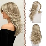 FESHFEN Dreckiges Blond Layered Perücken mit Vorhang Pony, 50 cm Lange Mittelscheitel Lockige Perücke für Frauen Synthetische Hitzebeständig Haar Wig täglich Party Cosplay tragen