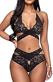 Donnalla Sexy Dessous-Set für Damen, zweiteiliger Spitzen-BH und Höschen, Babydoll, Nachtwäsche - Schwarz - X-Groß