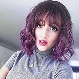 PARXITN Kurze Bob Perücke mit Pony Natürliches Ombre Lila Perücke Synthetisches Haar Bunt Täglich Party Halloween Cosplay Gewellte Lockige Perücken für Frauen