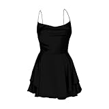 Satin-Kleid für Frauen rückenfreies kurzes Strampler Kleid Sexy Wasserfallausschnit Rüschen Spaghettiträger Jumpsuit Minikleid Schwarz S