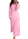 shownicer Strickkleid Damen Lang Rundhals Geripptes Pulloverkleid Langarm Sweater Tunika Einfarbig Herbst Winterkleid Warme Strick Sweater Kleid A Rosa M