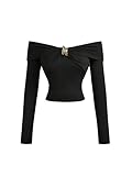 GORGLITTER Damen Langarm Crop Tops Y2K Off-Shoulder Oberteil Schulterfreies Top Slim Fit Langarmshirts Festival Partytop Office Casualshirt Schwarz M