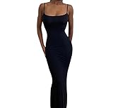 Sexy Casual Langes Kleid Damen Elegant Ärmellos Rückenfrei Skinny Spaghetti-Träger Maxikleid(Black-1,M)
