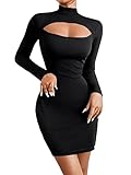 SOLY HUX Bodycon Kleid Damen Langarm Minikleid Cut Outs Kleider Herbst Partykleid Bleistift Kurzkleid Freizeitkleid Schwarz L