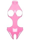 Freebily Damen Wetlook Body Brustfrei Latex Catsuit Kleid Ouvert Lackleder Bodysuit Nachtwäsche Pole Dance Nachtclub Outfit Rosa XL