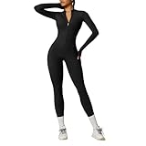 OEAK Damen Sport Jumpsuit Lang Eng Yoga Overall Langarm Rollkragen Playsuits mit Reißverschluss Nahtloser Bodysuit Bodycon Strampler Einteiler Romper,Kohlenschwarz,M