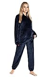 Rosa BeigeCityComfort Schlafanzug Damen Lang mit Kapuze, Pyjama Damen Set aus Flauschigem Fleece, Geschenke für Frauen & Teenager(Navy, M)