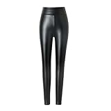 hitueu Damen Kunstleder Leggings High Waist Leggings Hose Strumpfhosen Treggins Leggins Kunstleder Leggings Leder Look Hüfthoch, Schwarz, S