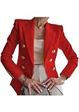 OMZIN Frauen Langarm Military Style Blazer Gold Button Double Breasted Cropped Vintage Blazer Rot M