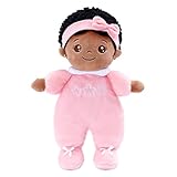 OUOZZZ Baby Puppe, Weiche Stoffpuppe mit Kleidung, Afrikanische Mini Puppe Rosa Kuschelpuppe für Kinder ab 3 Monaten - Baby Geschenk zur Geburt Mädchen Jungen, 25cm