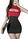 MIZSPISE Damen Kleider Bodycon Mini Eng Kurz Kleid Stretch Sexy Dress De Bleistift Minikleid (DE/NL/SE/PL, Alphanumerisch, Einheitsgröße, Regular, Regular, Schwarz und Rot)