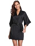 Vlazom Kimono Robe Damen Morgenmantel Kurzer Satin Bademantel Mit Gürtel V-Ausschnitt Kimono(XL,Schwarz)