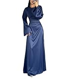 xxxiticat Langes Damen-Slip-Satin-Kleid, langärmelig, Rundhalsausschnitt, Rücken, Schnürung, Bandage, Hochzeit, Party, Maxikleider, Blau, Mittel