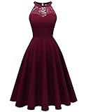 Bbonlinedress Abendkleider elegant für Hochzeit Sommerkleid Damen Festliche Kleider Neckholder Cocktailkleid Brautjungfer Spitzenkleid Burgundy 3XL