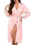 Lovasy Satin Bademantel Damen Lang Kimono Japanisch Morgenmantel für Damen Manschetten aus Spitze Braut Bademantel Hochzeit Party mit Gürtel,Rosa,M