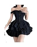 FRESQA Gothic Lolita Kawaii Slip Kleid Soft Girl Goth Harajuku Off Shoulder Rückenfrei Sexy Schwarz Rüschen Party Kleider Y2k