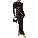 NUFIWI Frauen Vintage Y2k Spitze Maxikleid Langarm Durchsichtig Mesh Bodycon Kleid Floral Spitze Maxi Lange Slip, A Sexy Schwarz, Groß