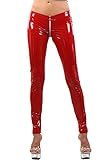 MISS NOIR Damen Wetlook Sexy Leggings S-3XL Lack-Optik Niedrige Taille 4-Wege-Reißverschluss Clubwear Party, Rot (IN505571-RD), S