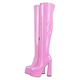Only maker Overknee Stiefel für Damen mit Plateau Blockabsatz Stretch Boots Lackoptik Pink 46 EU