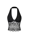 GORGLITTER Damen Neckholder Trägertop Rückenfreies Oberteil Stretch Tops Crop Top mit Kontrast Spitzen Schwarz S