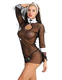 ROSVAJFY Nonne Kostüm Damen Sexy Dessous Anime Transparente Nun Cosplay Rollenspiel 3 Teiliges Reizwäsche Lingerie Babydoll Minikleid mit Kopfschmuck und String,Netz Nonnen Outfit Uniform Halloween