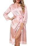 Lovasy Satin Bademantel Damen Lang Kimono Japanisch Morgenmantel für Damen Manschetten aus Spitze Braut Bademantel Hochzeit Party mit Gürtel,Rosa,M