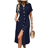 XIADUOBAAN Sommerkleid Damen Lang Elegant Tunika Kleid mit Schlitz Business Blusenkleid V Ausschnitt Kurzarm Hemdkleid Damen Kleider mit Knopfleiste Midikleid Frauen Tailliert Dress mit Gürtel
