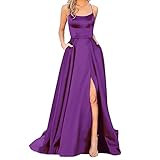 2025 Ballkleider Damen Lange Damen Elegant Neckholder Backless Lange KleiderCrisn Satin Spaghetti Party Abendkleid Seitenschlitz Hochzeit Abendgesellschaft Kleid Mit Taschen Chiffon (Purple, S)