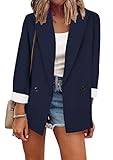 OMZIN Damen Lässiger Blazer mit Rüschen Offen entspannte Passform Büro Outwears Marineblau 3XL