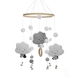 TVAIVTN Mobile Baby Windspiele, Puppe, Holz mit Filzbällen 3D Wolken, Bettglocke Anhänger für Babybett, Jungen und Mädchen (Grau)