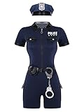 Aislor Sexy Polizei Kostüm Damen Polizistin Uniform mit Mütze Handschnelle Cop Costume Komplettes Outfit für Halloween Karneval Party Navyblau S