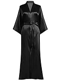Prodesign Morgenmantel Damen Bademantel Satin Kimono Lang mit Gürtel Einfarbig Nachtwäsche Leicht Schlafmantel Schwarz