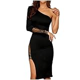 Masrin Abendkleid Damen Sexy Etuikleid mit Spitze Nähten Einschultriges langärmliges Partykleid Schulterfreies Clubkleid Unregelmäßiges Cocktailkleid mit hohem niedrigem Saum Figurbetontes Kleid