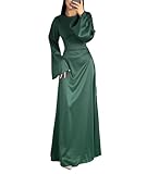 xxxiticat Langes Damen-Slip-Satin-Kleid, langärmelig, Rundhalsausschnitt, Rücken, Schnürung, Bandage, Hochzeit, Party, Maxikleider, Grün, Klein
