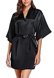 Wikoan Bademantel Damen Morgenmantel Satin Kurzer Sexy Kimono Robe Mit Gürtel Bademäntel V-Ausschnitt Bathrobe Nachtwäsche A-Schwarz L
