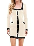 Fisoew Strickkleid Damen Herbst Sexy Elegant Pulloverkleid U Kragen Minikleid Gestrickte Bodycon Business Party(Beige，M