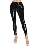iEFiEL Damen Wetlook Hosen PU Leder Leggings Hohe Taille Lederhose Mit Reißverschluss Wetlook Hose Strumpfhosen Lang Schwarz M