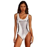IDOPIP Rave Outfit Damen Festival Metallic Glänzend Rückenfrei Ganzkörper Badeanzug 80/90er Holographic Gymnastics Swimsuit V-Ausschnitt Bodysuit Einteiler Bademode Bikini Badebekleidung silbrig M