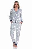Normann Damen Schlafanzug Jumpsuit Overall in Sterneoptik aus kuschelig warmen Coralfleece, Farbe:blau, Größe:40/42