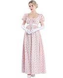 FCCAM Regency Kleider für Frauen Floral Regency Era Kleid viktorianisches Kleid Empire Taille Lange Tee Party Kleid mit Handschuhen, Rosa,S