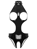 Freebily Damen Wetlook Body Brustfrei Latex Catsuit Kleid Ouvert Lackleder Bodysuit Nachtwäsche Pole Dance Nachtclub Outfit Schwarz L