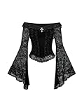 GORGLITTER Damen Langarmshirt Elegant Spitze Top Schulterfrei Tops Langarm Gothic Bluse Durchsichtig Spitzenbluse Steampunk Rave Outfit Schwarz S