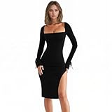 RPAEOY Kleider Damen Quadratischer Ausschnitt Langarmkleid Sexy Bodycon Cocktail Rückenfrei Enger Partykleid mit Schlitz Midikleid Elegant Hohe Taille Festlich Party (Schwarz,XL)