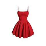 YIMAISZQ Kleid Frauen Mit Geringer Korsett Spaghetti -Riemen Und Flare Flowy Skater Mini Cami Kleid-rot-XXS