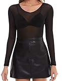 Kiiwah Mesh Oberteil Damen Sexy Transparentes Oberteil Schwarz Netz Oberteil Langarmshirt Durchsichtige T-Shirt Bluse Clubwear Sheer Mesh Top Party Tunika Tüll Netzoberteil