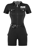 Kvysinly Damen Polizei Kostüm Polizistin Cosplay Outfit Kurzarm Bodysuti Jumpsuit Overall + Gürtel + Geldbörse Cop Outfit Halloween Kostüm Karneval Party Schwarz S