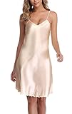 Vlazom Damen Nachthemd Satin Sexy Negligee Unterkleid mit Spaghettiträger V Ausschnitt Nachtkleid für Frauen(L,Stil A-Champagner)