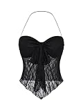 GORGLITTER Damen Crop Top Y2K Neckholder Tops Asymmetrisch Oberteil Trägershirt Transparent Sommer Träger-Top Einfarbig Schwarz S