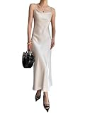 Satinkleid Damen, Damen Freizeitkleidung ärmellose Satin Spaghetti Träger Rückenfrei Gerafft Bodycon Kleid Maxi Cocktail Elegant Kleider für Abend Party (Champagne,M)