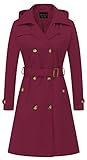 CREATMO US Damen Lang Trenchcoat Zweireihig Klassischer Revers Mantel Gürtel Slim Oberbekleidung Mantel mit Abnehmbarer Kapuze, Weinrot, Medium